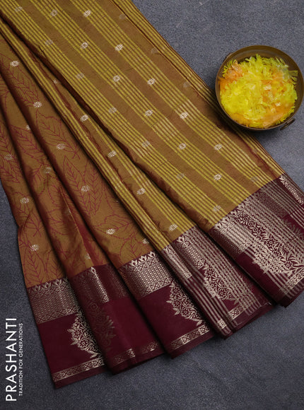 Semi raw silk saree dark mustard green and wine shade with allover prints & 1000 zari buttas and zari woven border