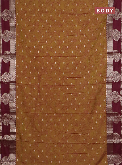 Semi raw silk saree dark mustard green and wine shade with allover prints & 1000 zari buttas and zari woven border