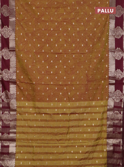 Semi raw silk saree dark mustard green and wine shade with allover prints & 1000 zari buttas and zari woven border