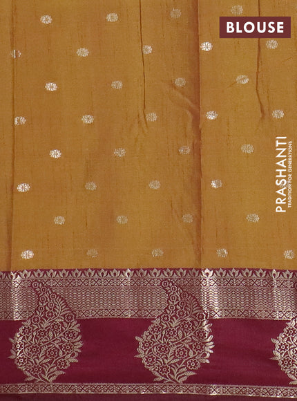 Semi raw silk saree dark mustard green and wine shade with allover prints & 1000 zari buttas and zari woven border