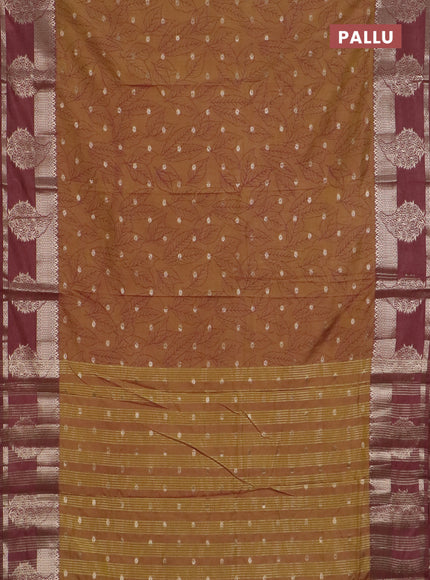 Semi raw silk saree dark mustard green and brown shade with allover prints & 1000 zari buttas and zari woven border