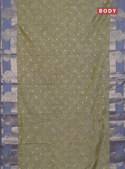 Semi raw silk saree elaichi green and grey with allover prints & 1000 zari buttas and zari woven border