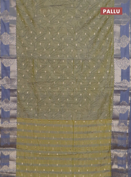 Semi raw silk saree elaichi green and grey with allover prints & 1000 zari buttas and zari woven border