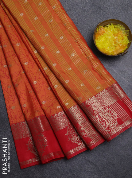 Semi raw silk saree dual shade of dark mustard and red with allover prints & 1000 zari buttas and zari woven border