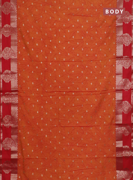 Semi raw silk saree dual shade of dark mustard and red with allover prints & 1000 zari buttas and zari woven border