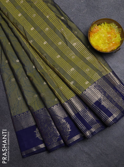 Semi raw silk saree mehendi green and navy blue with allover prints & 1000 zari buttas and zari woven border