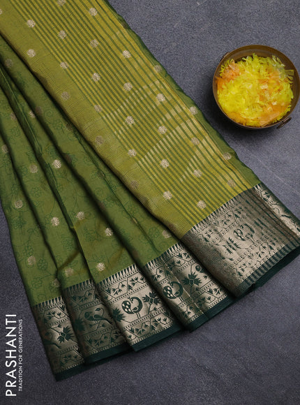 Semi raw silk saree mehendi green and bottle green with allover prints & 1000 zari buttas and zari woven border