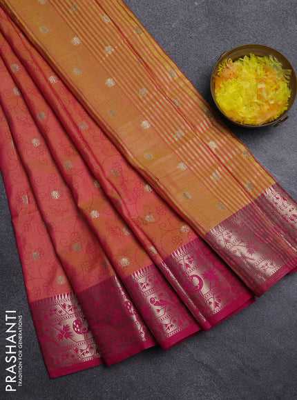 Semi raw silk saree dual shade of orange and pink with allover prints & 1000 zari buttas and zari woven border
