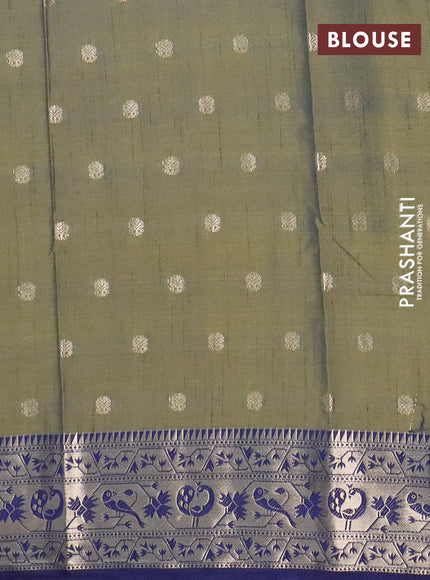 Semi raw silk saree dual shade of mehendi green and navy blue with allover prints & 1000 zari buttas and zari woven border
