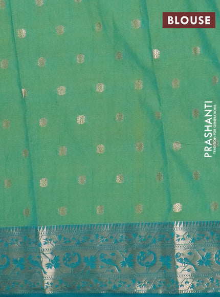 Semi raw silk saree dual shade of light green and teal blue with allover prints & 1000 zari buttas and zari woven border