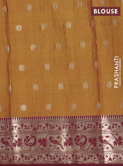 Semi raw silk saree dual shade of dark mustard green and wine shade with allover prints & 1000 zari buttas and zari woven border