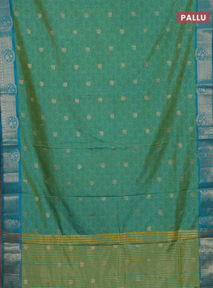 Semi raw silk saree dual shade of teal bluish green and cs blue with allover butta prints & 1000 zari buttas and zari woven border
