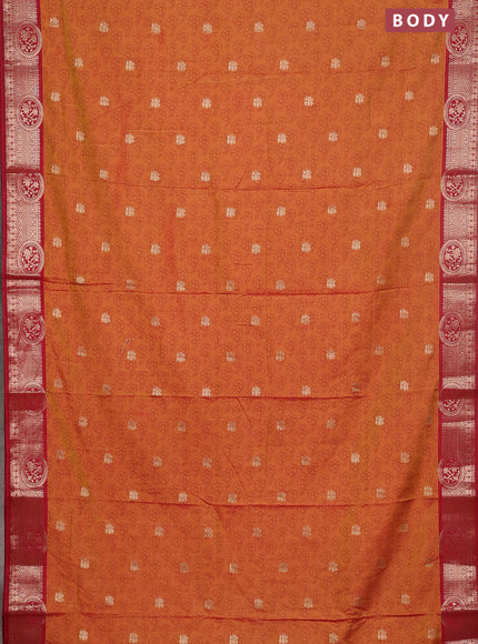 Semi raw silk saree dark mustard and maroon with allover prints & 1000 zari buttas and zari woven border