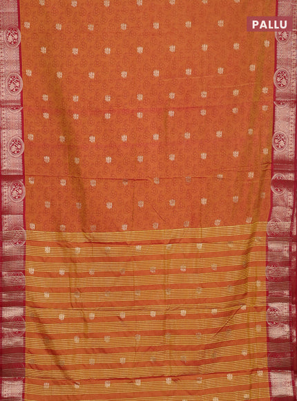 Semi raw silk saree dark mustard and maroon with allover prints & 1000 zari buttas and zari woven border