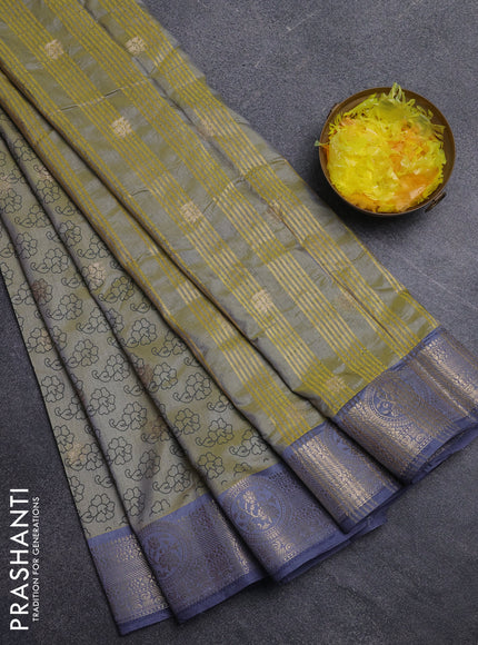 Semi raw silk saree elaichi green and greyish blue with allover butta prints & 1000 zari buttas and zari woven border