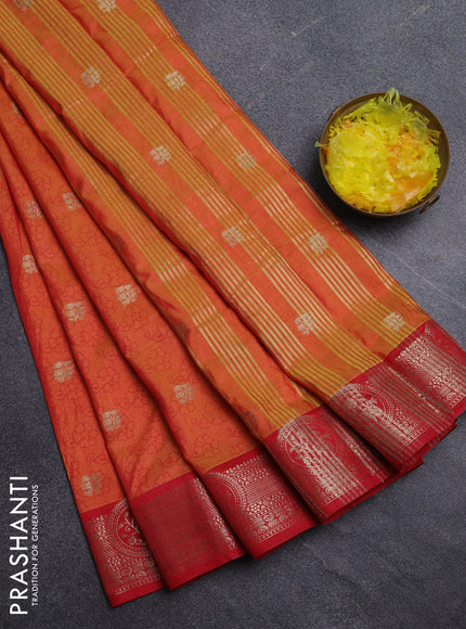 Semi raw silk saree dual shade of orange and red with allover butta prints & 1000 zari buttas and zari woven border