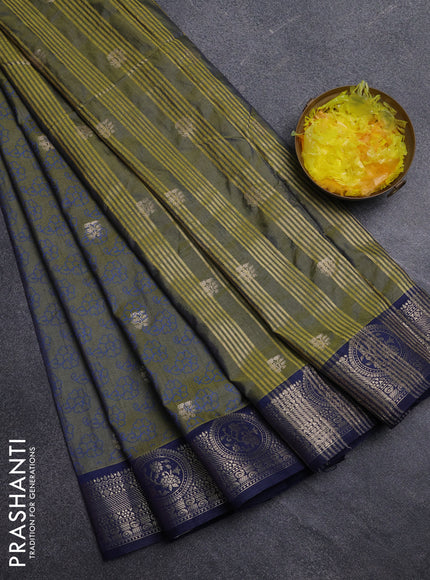 Semi raw silk saree mehendi green and navy blue with allover butta prints & 1000 zari buttas and zari woven border