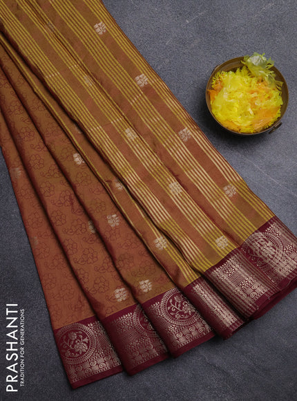 Semi raw silk saree dual shade of dark mustard green and maroon with allover butta prints & 1000 zari buttas and zari woven border