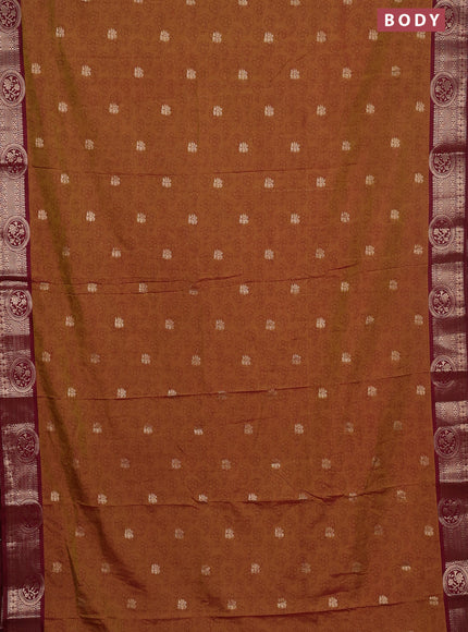 Semi raw silk saree dual shade of dark mustard green and maroon with allover butta prints & 1000 zari buttas and zari woven border