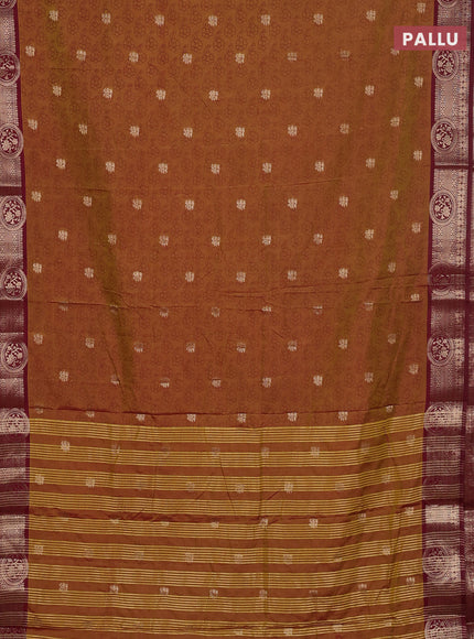 Semi raw silk saree dual shade of dark mustard green and maroon with allover butta prints & 1000 zari buttas and zari woven border