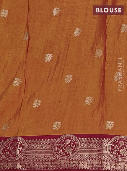 Semi raw silk saree dual shade of dark mustard green and maroon with allover butta prints & 1000 zari buttas and zari woven border