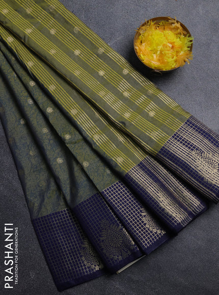 Semi raw silk saree mehendi green and navy blue with allover prints & 1000 zari buttas and zari woven border