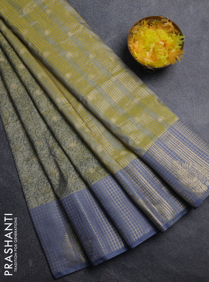 Semi raw silk saree elaichi green and grey with allover prints & 1000 zari buttas and zari woven border