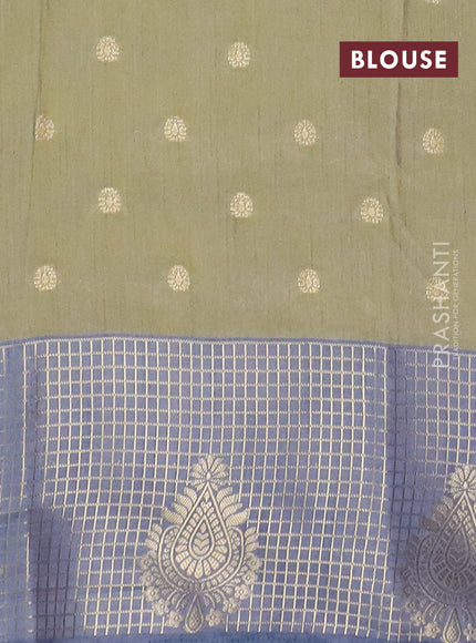 Semi raw silk saree elaichi green and grey with allover prints & 1000 zari buttas and zari woven border