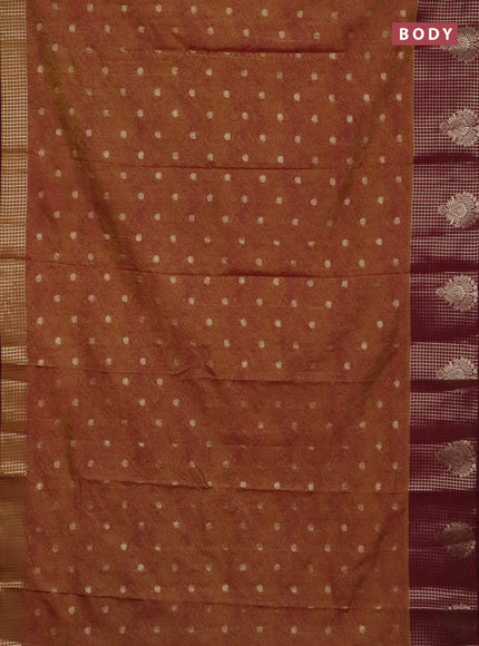 Semi raw silk saree dual shade of dark mustard and wine shade with allover prints & 1000 zari buttas and zari woven border
