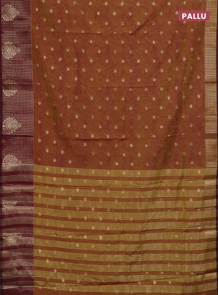Semi raw silk saree dual shade of dark mustard and wine shade with allover prints & 1000 zari buttas and zari woven border