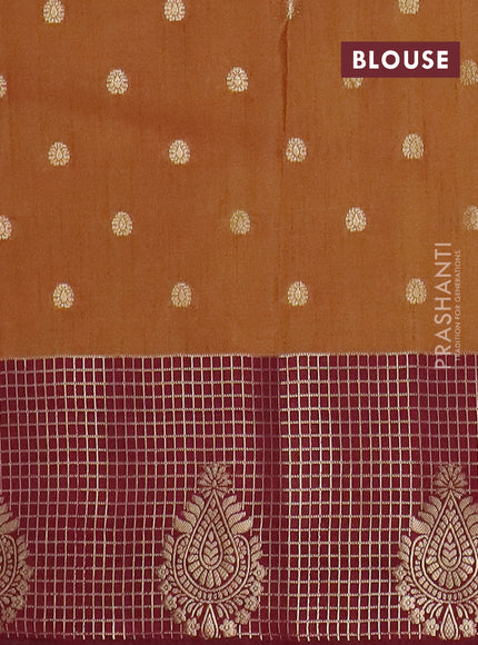 Semi raw silk saree dual shade of dark mustard and wine shade with allover prints & 1000 zari buttas and zari woven border