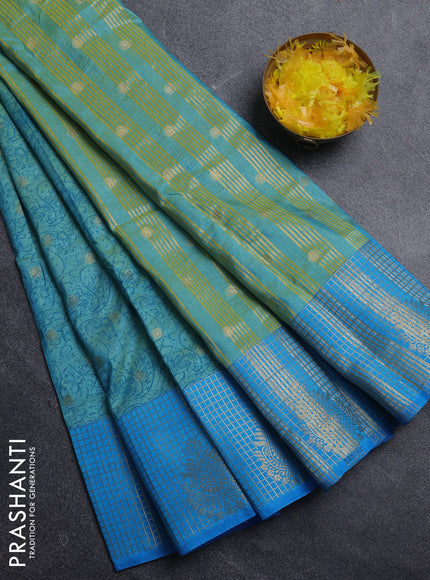 Semi raw silk saree dual shade of light green and cs blue with allover prints & 1000 zari buttas and zari woven border
