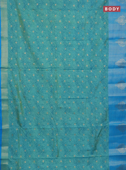 Semi raw silk saree dual shade of light green and cs blue with allover prints & 1000 zari buttas and zari woven border