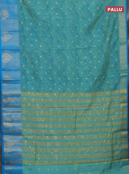 Semi raw silk saree dual shade of light green and cs blue with allover prints & 1000 zari buttas and zari woven border