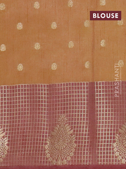 Semi raw silk saree dark mustard and brown with allover prints & 1000 zari buttas and zari woven border