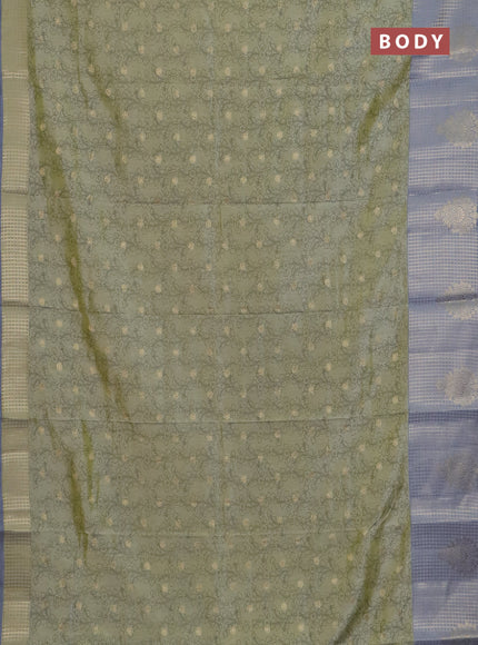 Semi raw silk saree elaichi green and grey with allover kalamkari prints & 1000 zari buttas and zari checked butta border