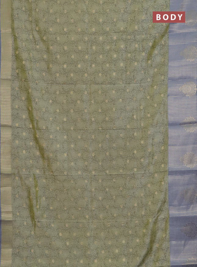 Semi raw silk saree elaichi green and grey with allover kalamkari prints & 1000 zari buttas and zari checked butta border