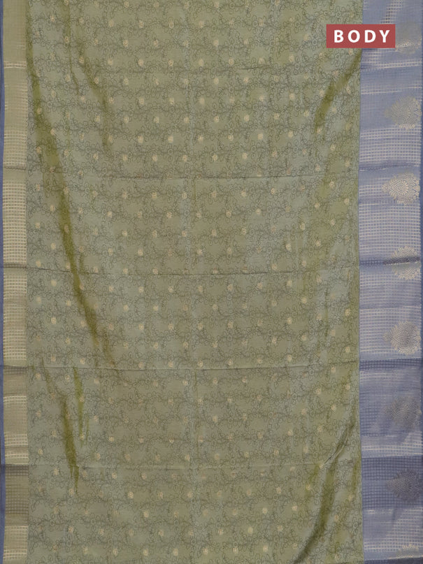 Semi raw silk saree elaichi green and grey with allover kalamkari prints & 1000 zari buttas and zari checked butta border