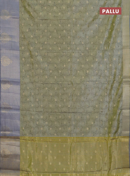 Semi raw silk saree elaichi green and grey with allover kalamkari prints & 1000 zari buttas and zari checked butta border