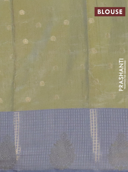 Semi raw silk saree elaichi green and grey with allover kalamkari prints & 1000 zari buttas and zari checked butta border