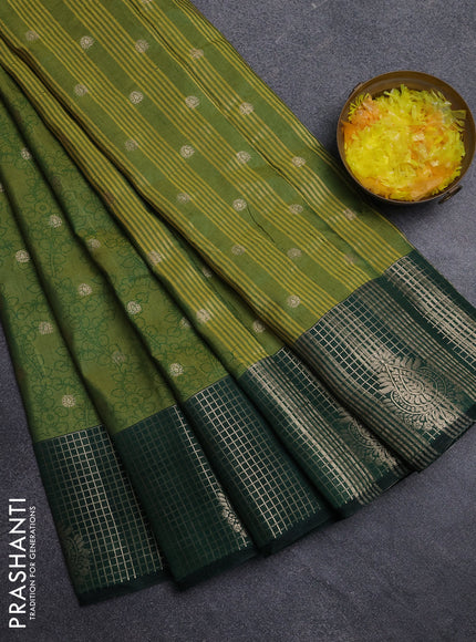 Semi raw silk saree mehendi green and bottle green with allover kalamkari prints & 1000 zari buttas and zari checked butta border