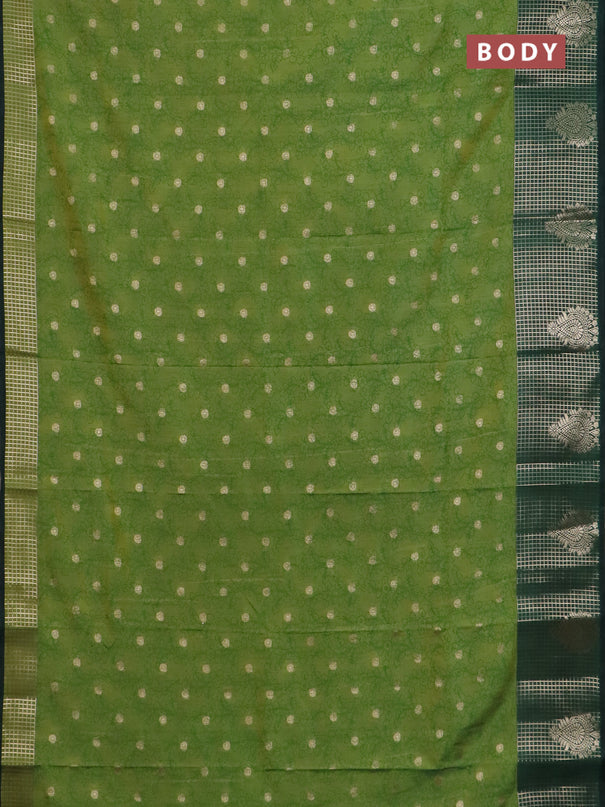 Semi raw silk saree mehendi green and bottle green with allover kalamkari prints & 1000 zari buttas and zari checked butta border