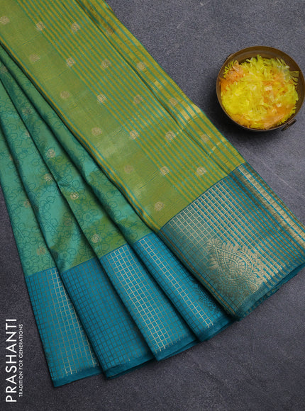 Semi raw silk saree dual shade of light green and teal green with allover kalamkari prints & 1000 zari buttas and zari checked butta border