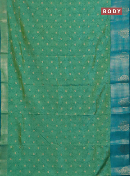 Semi raw silk saree dual shade of light green and teal green with allover kalamkari prints & 1000 zari buttas and zari checked butta border