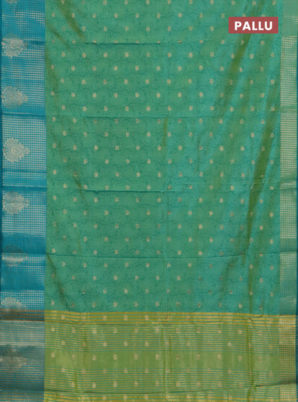 Semi raw silk saree dual shade of light green and teal green with allover kalamkari prints & 1000 zari buttas and zari checked butta border