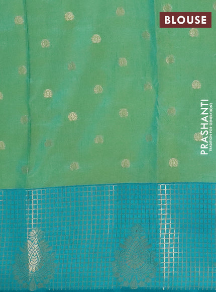 Semi raw silk saree dual shade of light green and teal green with allover kalamkari prints & 1000 zari buttas and zari checked butta border