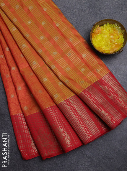 Semi raw silk saree dual shade of orange and red with allover kalamkari prints & 1000 zari buttas and zari checked butta border