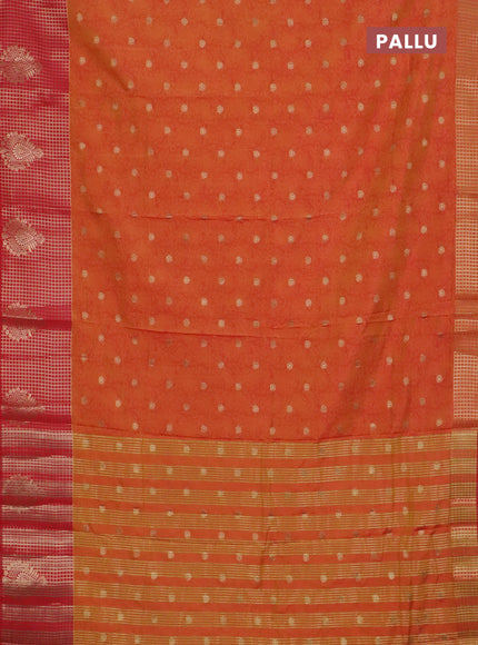 Semi raw silk saree dual shade of orange and red with allover kalamkari prints & 1000 zari buttas and zari checked butta border