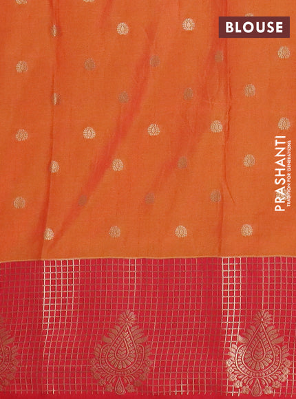Semi raw silk saree dual shade of orange and red with allover kalamkari prints & 1000 zari buttas and zari checked butta border