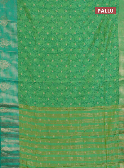 Semi raw silk saree dual shade of light green and teal green with allover kalamkari prints & 1000 zari buttas and zari checked butta border